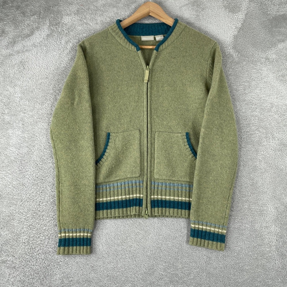 Fieldgear Cardigan Womens Small Green Lambswool Full Zip Varsity Striped Knit